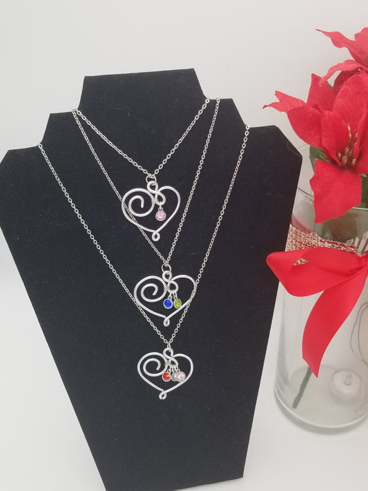 Silver Swirl Heart Wire Wrap Pendant with Necklace with Birthstone Personalization, for Valentine's Day, Mother's gift, Gift for her. Grandmother's gift.