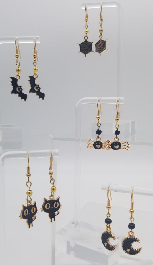 Halloween Funny Earrings, Halloween Dangle Earrings, Fun Party Earrings. Bats, Cats, Moon, Spiders, and Spiderwebs Earrings