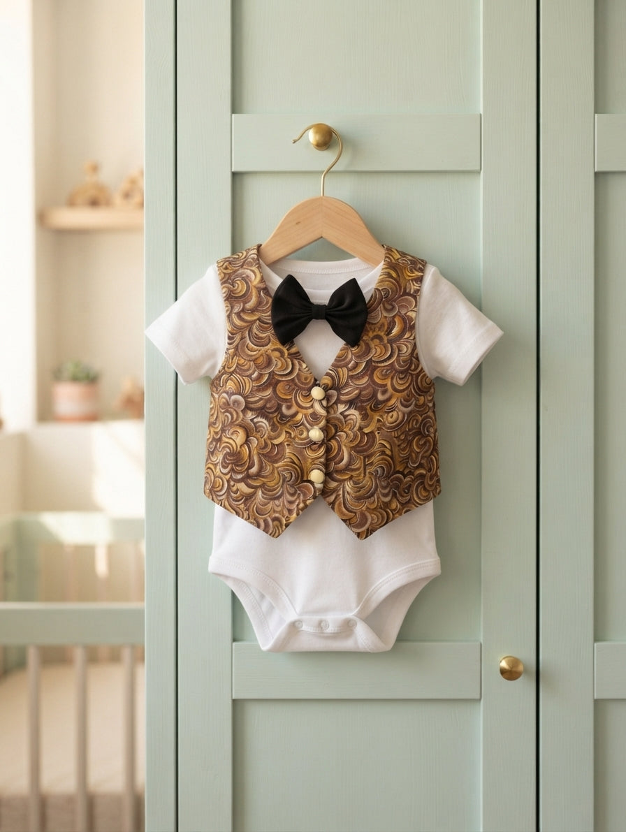 Little Gentleman Earth Tone Pebble Faux Vest Onesie & Black Bow Tie Dapper Baby OutfitL