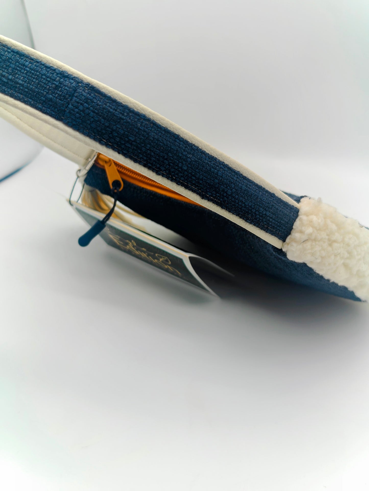 Navy And Sherpa Handmade Boutique Style Baguette Upcycled Handbag Purse Is A Colorful Fabric One Of A Kind Single Compartment Shoulder Bag