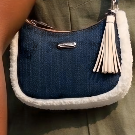 Navy And Sherpa Handmade Boutique Style Baguette Upcycled Handbag Purse Is A Colorful Fabric One Of A Kind Single Compartment Shoulder Bag