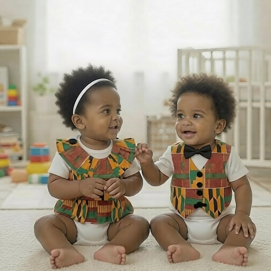 Handmade African Ankara Print Baby Boy Vest Outfit And Baby Bow tie Or Kente Girl Ruffle Romper Set Is The Perfect Baby Shower Gift