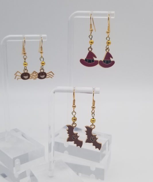 Halloween Holiday Earrings. Halloween Dangle Earrings. Purple Witches Hat, Purple Bat, and Purple Spider