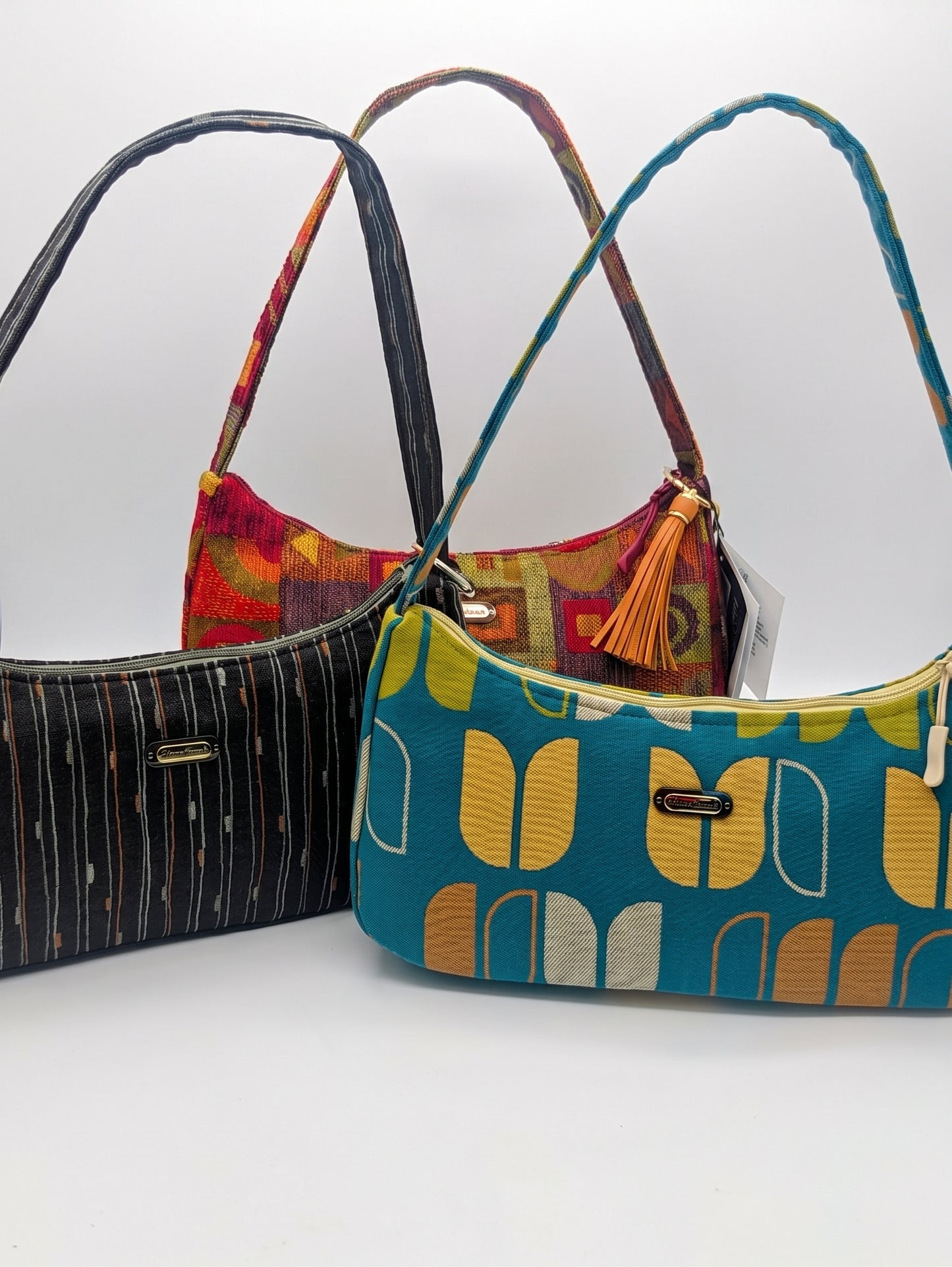Blue Retro Handmade Boutique Style Baguette Upcycled Handbag Turquoise Purse Is A One Of A Kind Single Compartment Colorful Fabric Shoulder Bag