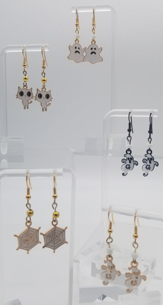 Halloween Dangle Earrings, Halloween Funny Earrings, Fun Party Earrings. Cats, Spiderwebs, and Ghost earrings