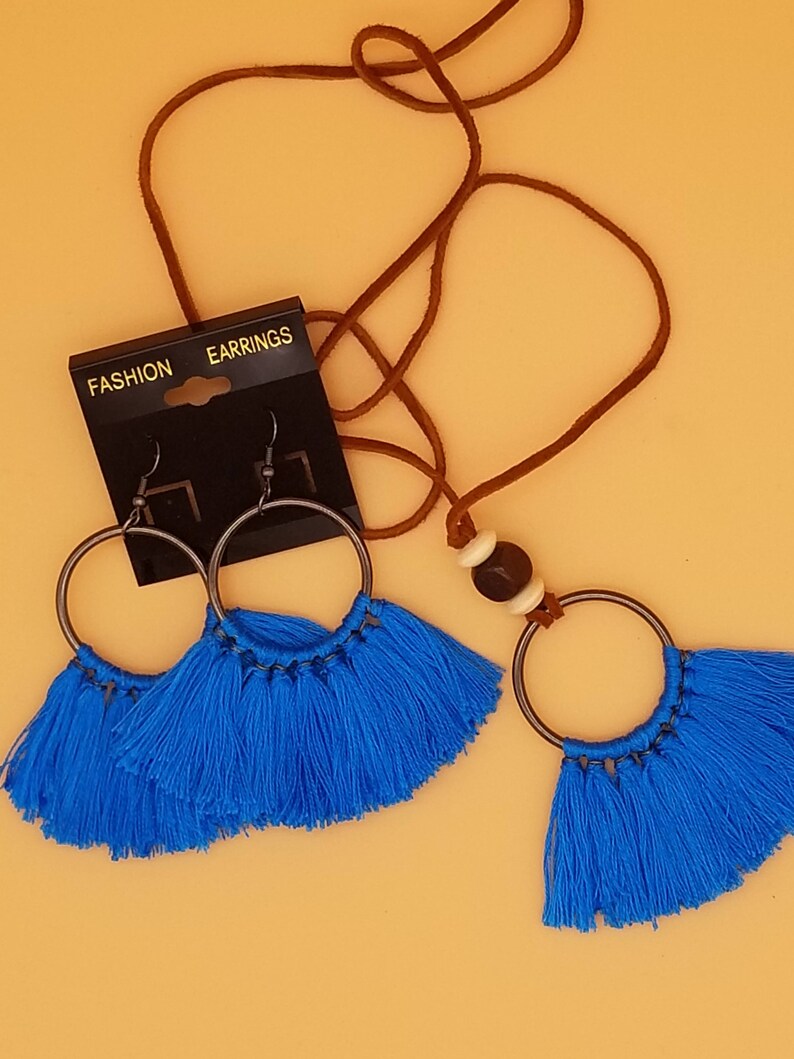 Fringe Earrings Stocking Stuffers Boho Necklace, Bold African Fringe Earrings in 7 Colors with Optional Matching Necklace - Auntie's Expo