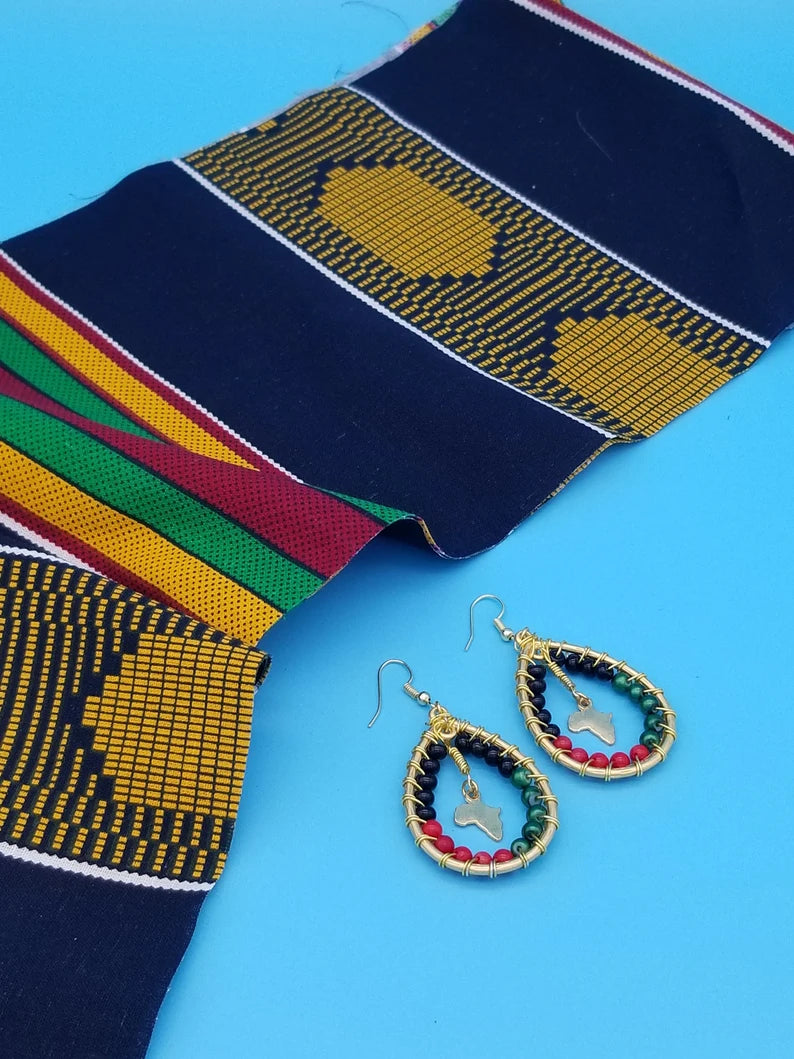 African Earrings Gold Finish - African Earrings Beads in Green and Red - Stocking Stuffers - Auntie's Expo