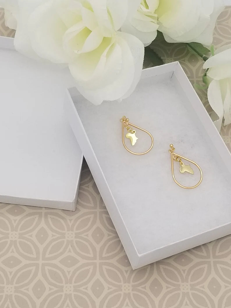 Gold Teardrop Earrings - Teardrop Earrings with Hanging African Continent Stocking Stuffers - Auntie's Expo