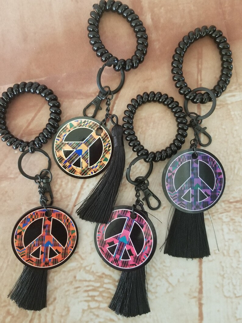 Stocking Stuffers Peace Sign Key Chain Wristlet - Matte Black Hardware Kente Print Peace Symbol Keychain Set - Auntie's Expo
