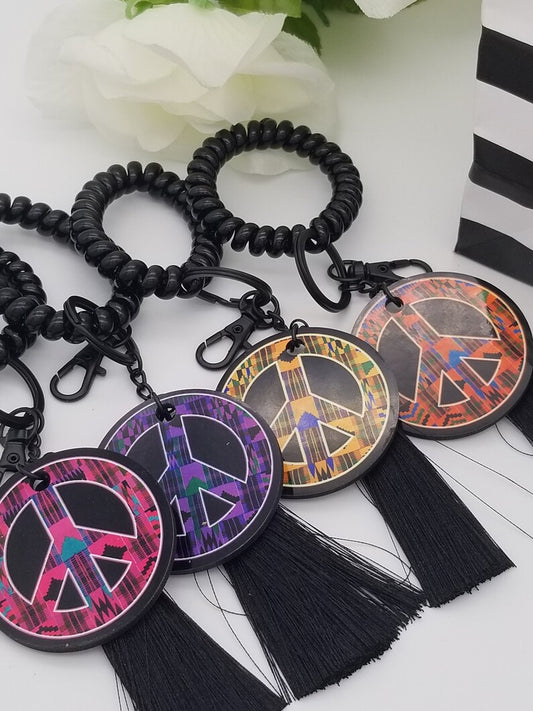 Stocking Stuffers Peace Sign Key Chain Wristlet - Matte Black Hardware Kente Print Peace Symbol Keychain Set - Auntie's Expo