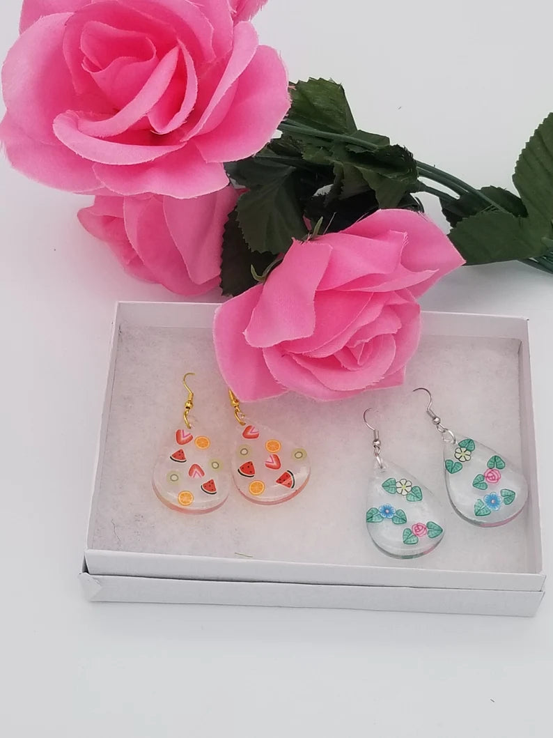 Resin Earrings Dangle With Fruit and Flowers - Stocking Stuffers Teardrop Earrings - Auntie's Expo