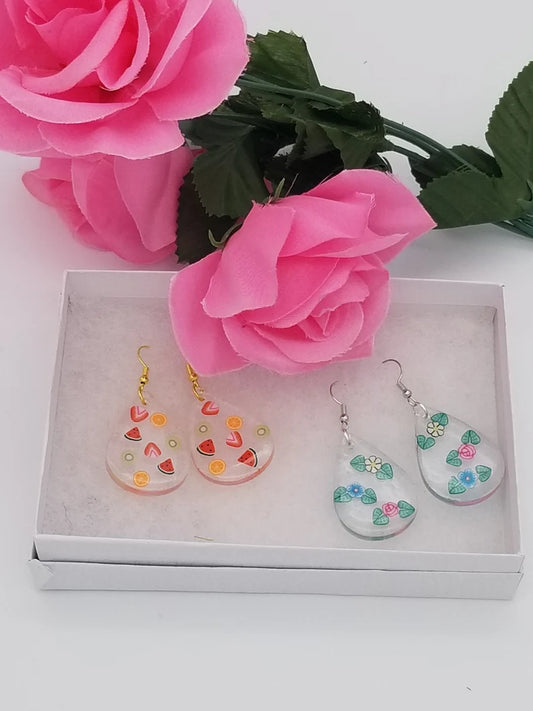 Resin Earrings Dangle With Fruit and Flowers - Stocking Stuffers Teardrop Earrings - Auntie's Expo