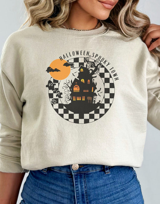 Halloween Spooky Town Sweatshirt, Halloween Pullover To Plus size Halloween Sweatshirt, Retro Halloween Crew Neck, 3x Fall Sweatshirt