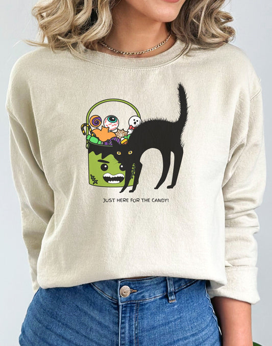 Halloween Cat Sweatshirt, Halloween Candy Pullover To Plus size Just Here For The Candy Shirt, Retro Halloween Crew Neck, 3x Fall Sweater
