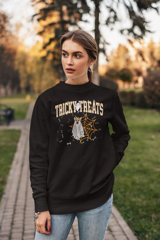 Funny Trick or Treat Halloween Shirt, Dog Mama Sweatshirt, Retro Halloween Crew Neck, Cute Dog Shirt, Cute Dog shirt, Halloween Ghost Shirt