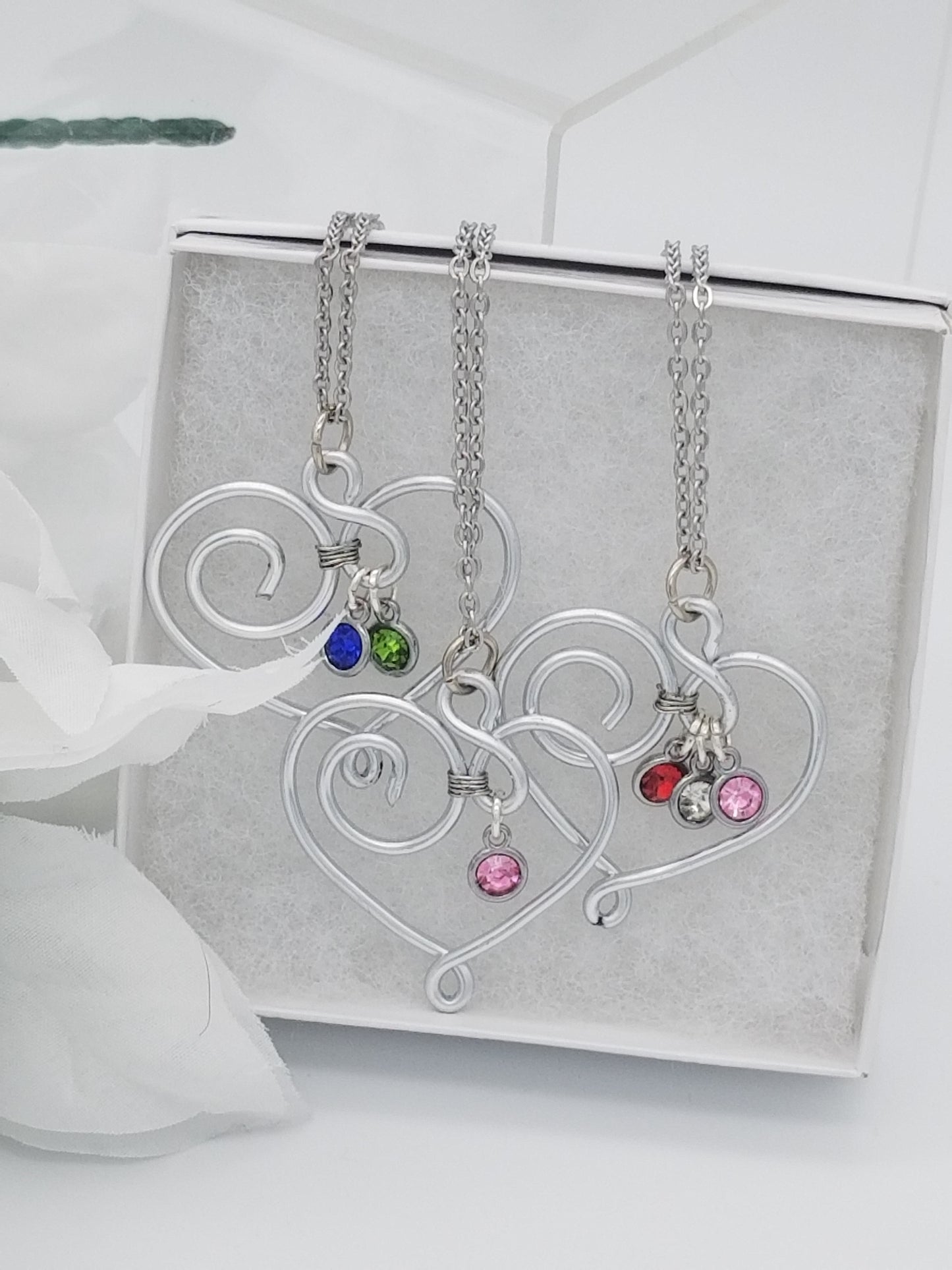 Silver Swirl Heart Wire Wrap Pendant with Necklace with Birthstone Personalization, for Valentine's Day,  Mother's gift, Gift for her. Grandmother's gift.