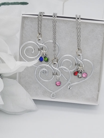 Silver Swirl Heart Wire Wrap Pendant with Necklace with Birthstone Personalization, for Valentine's Day,  Mother's gift, Gift for her. Grandmother's gift.