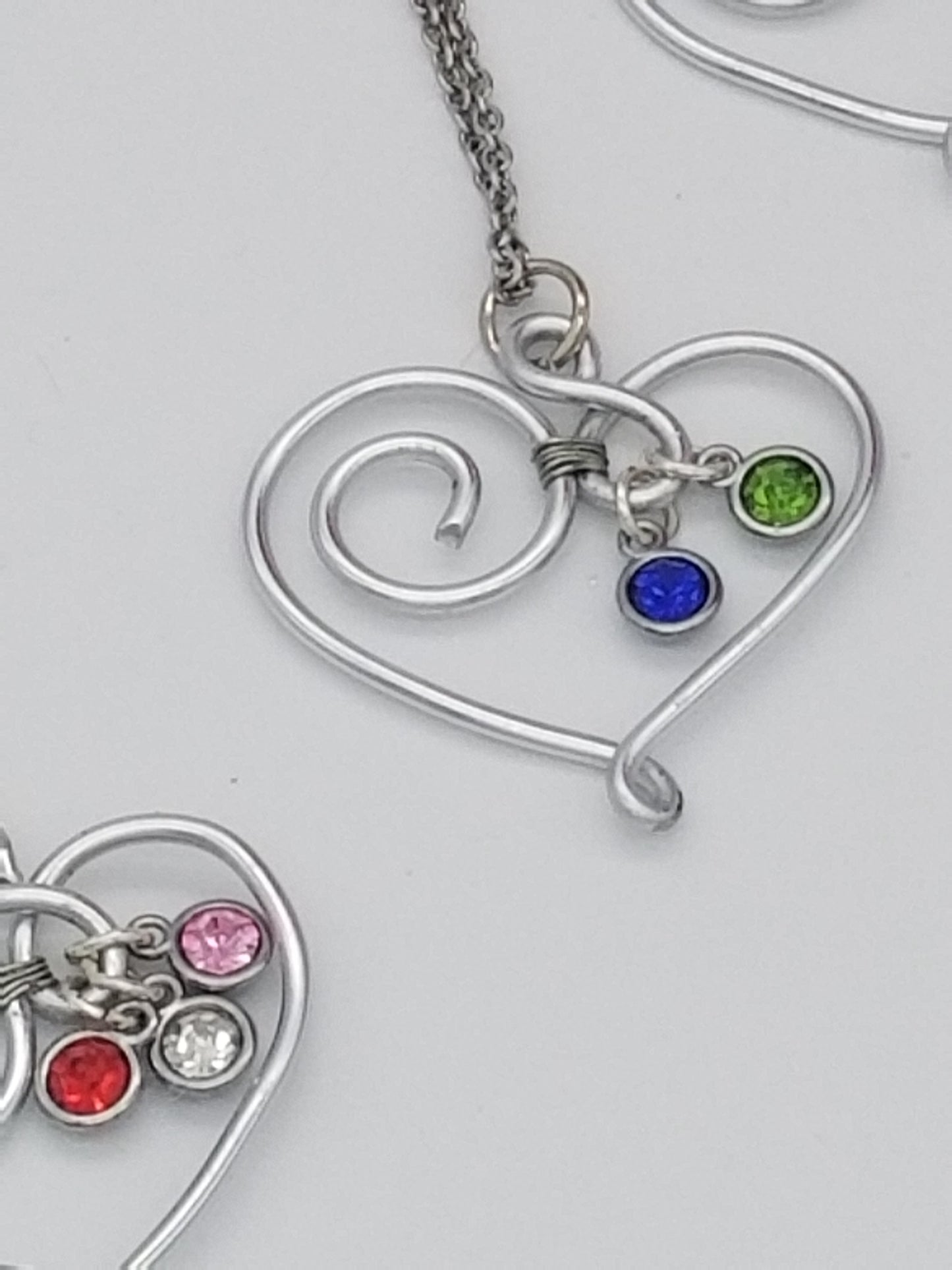 Silver Swirl Heart Wire Wrap Pendant with Necklace with Birthstone Personalization, for Valentine's Day,  Mother's gift, Gift for her. Grandmother's gift.