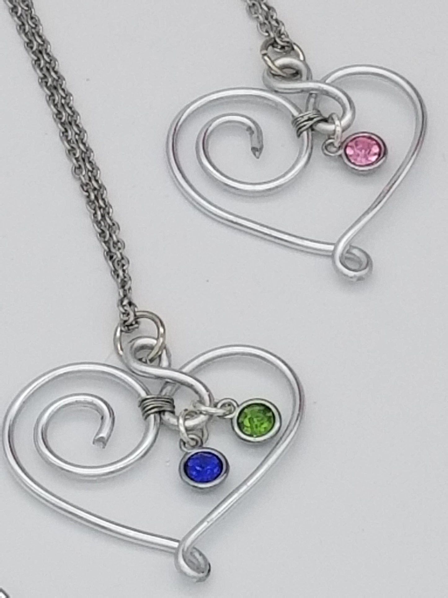 Silver Swirl Heart Wire Wrap Pendant with Necklace with Birthstone Personalization, for Valentine's Day,  Mother's gift, Gift for her. Grandmother's gift.