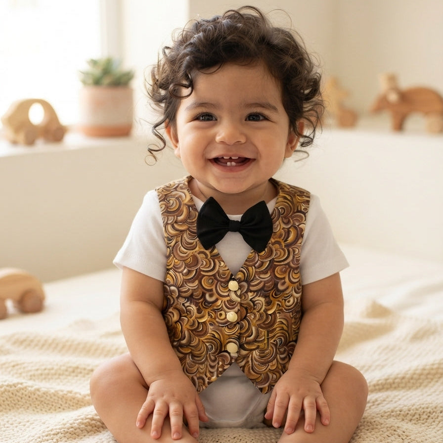 Little Gentleman Earth Tone Pebble Faux Vest Onesie & Black Bow Tie Dapper Baby OutfitL