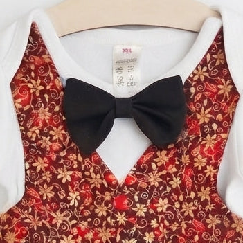 Holiday Baby Boy One Piece Romper with Faux Vest In Charming Christmas Prints And Bow Tie
