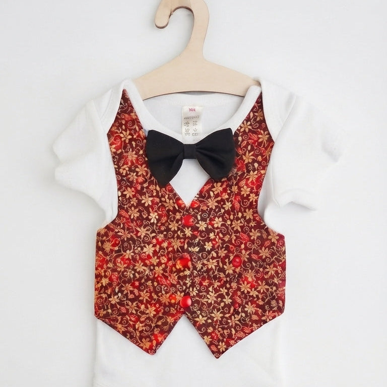 Holiday Baby Boy One Piece Romper with Faux Vest In Charming Christmas Prints And Bow Tie