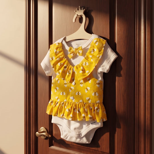 Handmade Playful Daisies And Bumble Bee Print Baby Girl Onsies With Vest For Special Occasions, The Perfect Baby Girl Coming Home Outfit, Flower Baby, Or Baby Shower Gift.