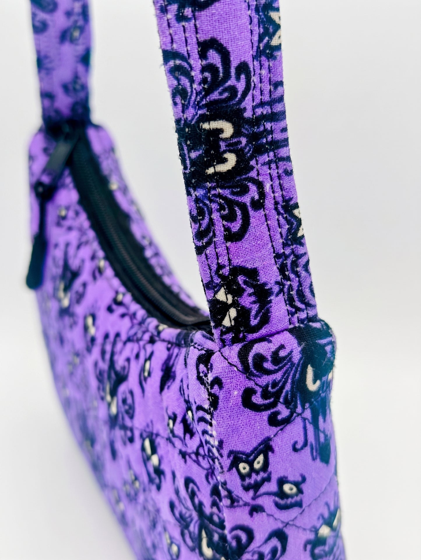 Handmade Haunted Mansion Purple Wallpaper Baguette Purse Is A Quilted Cotton Shoulder Bag That Is The Perfect Spooky Theme Park Gift