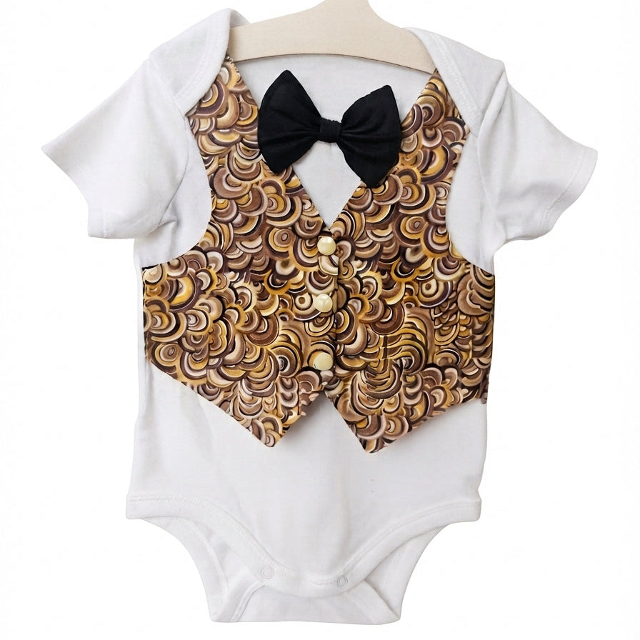 Little Gentleman Earth Tone Pebble Faux Vest Onesie & Black Bow Tie Dapper Baby OutfitL