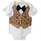 Little Gentleman Earth Tone Pebble Faux Vest Onesie & Black Bow Tie Dapper Baby OutfitL