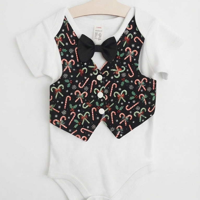 Holiday Baby Boy One Piece Romper with Faux Vest In Charming Christmas Prints And Bow Tie