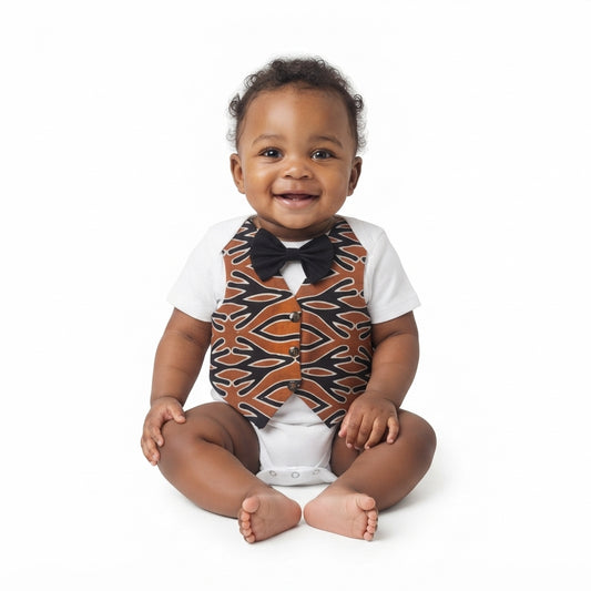 African Print Baby Boy Onesie with Vest and Bow Tie - Ankara Infant Gentleman Outfit For Special Occasions