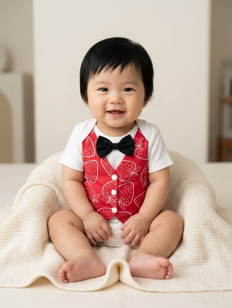 Handmade Strawberry baby clothes for special occasions, the perfect baby boy coming home outfit, ring bearer, or baby shower gift.