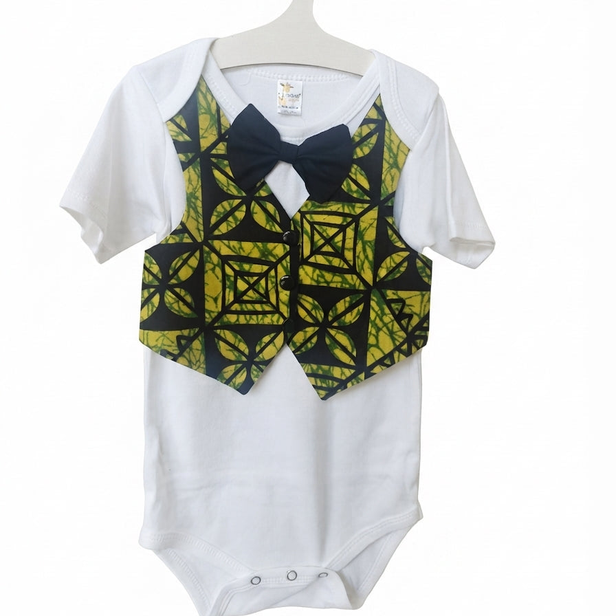 Baby Boy's Black Vines Onsie Faux Vest & Black Bow Tie. A Dapper Baby Outfit For Every Occasion.