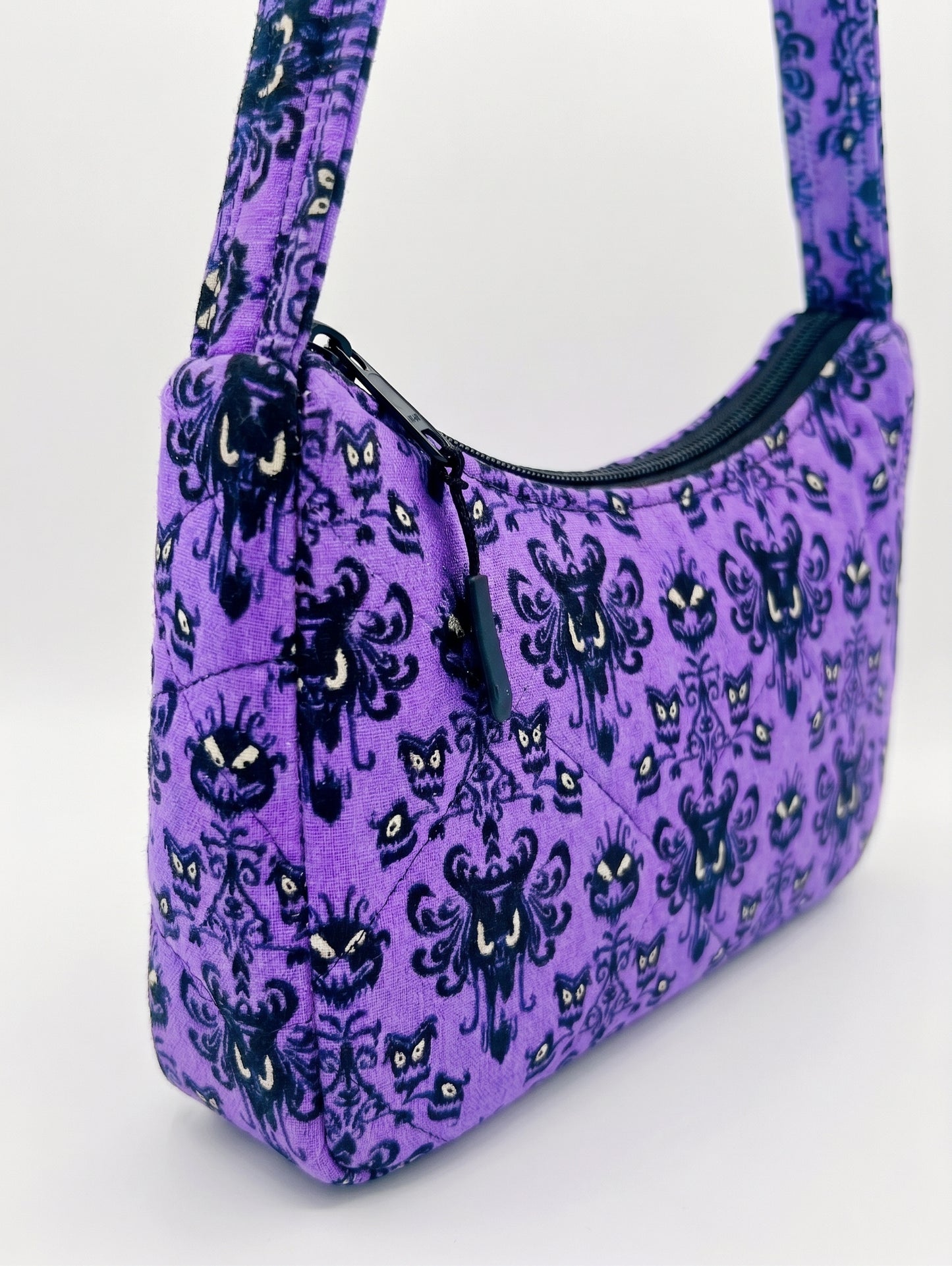Handmade Haunted Mansion Purple Wallpaper Baguette Purse Is A Quilted Cotton Shoulder Bag That Is The Perfect Spooky Theme Park Gift