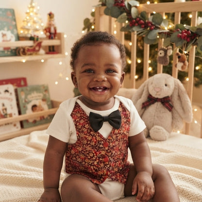 Holiday Baby Boy One Piece Romper with Faux Vest In Charming Christmas Prints And Bow Tie