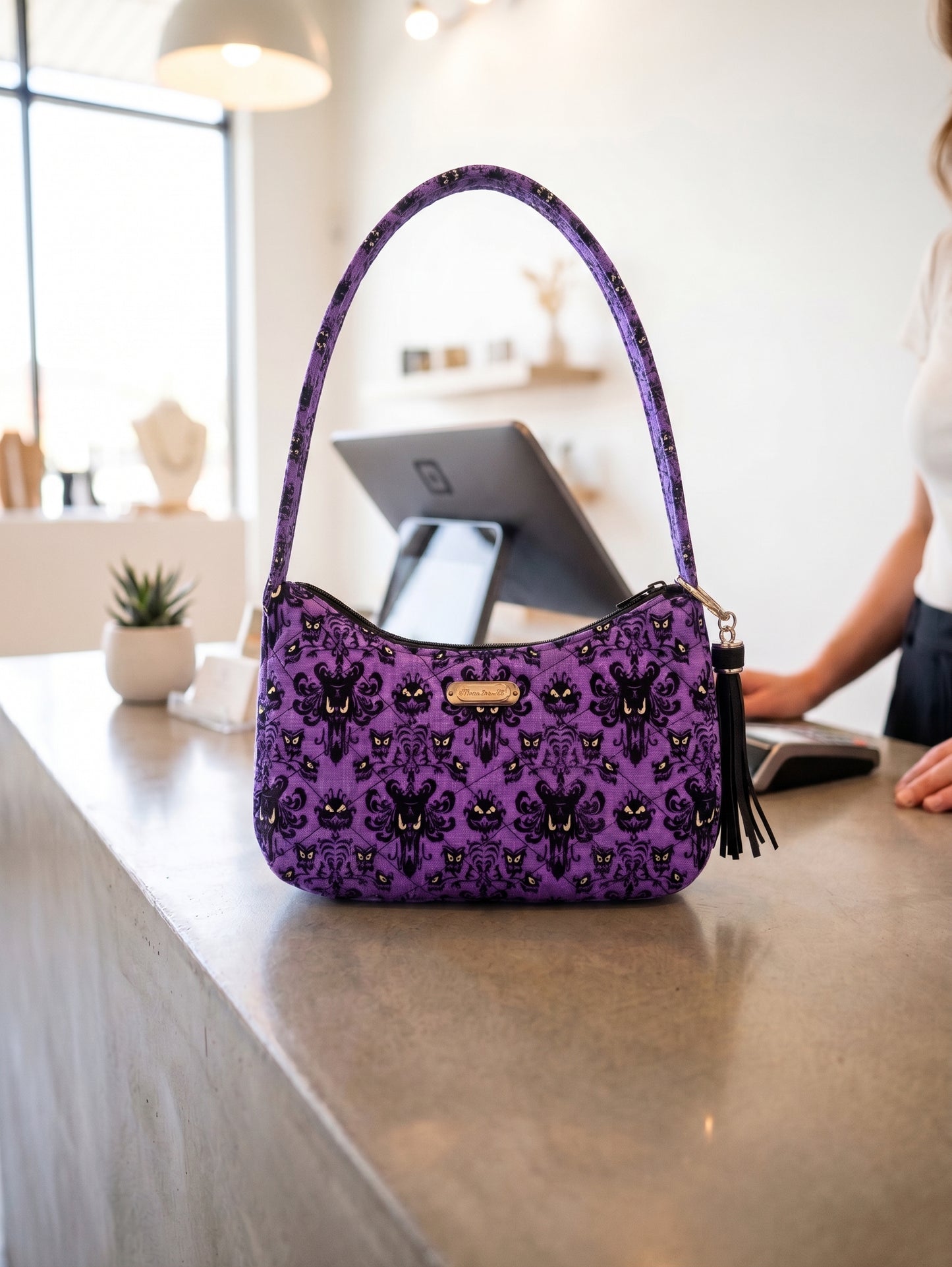Handmade Haunted Mansion Purple Wallpaper Baguette Purse Is A Quilted Cotton Shoulder Bag That Is The Perfect Spooky Theme Park Gift