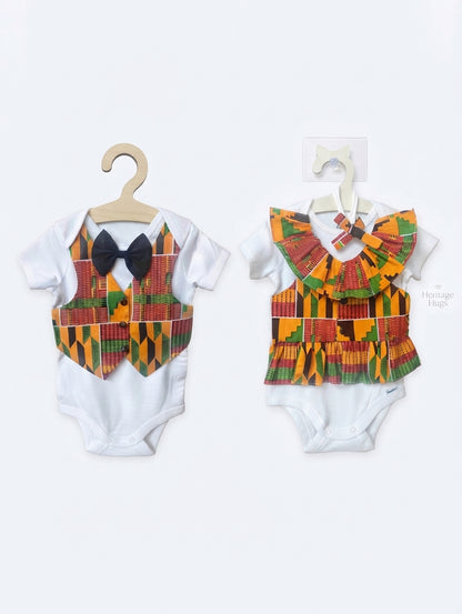 African Kente Print Baby Boy Onesie Vest And Bow Tie Baby Girl Ruffle Vest And Hair Band - Ankara Infant Outfit For Special Occasions