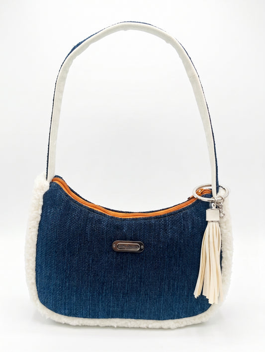 Navy And Sherpa Handmade Boutique Style Baguette Upcycled Handbag Purse Is A Colorful Fabric One Of A Kind Single Compartment Shoulder Bag