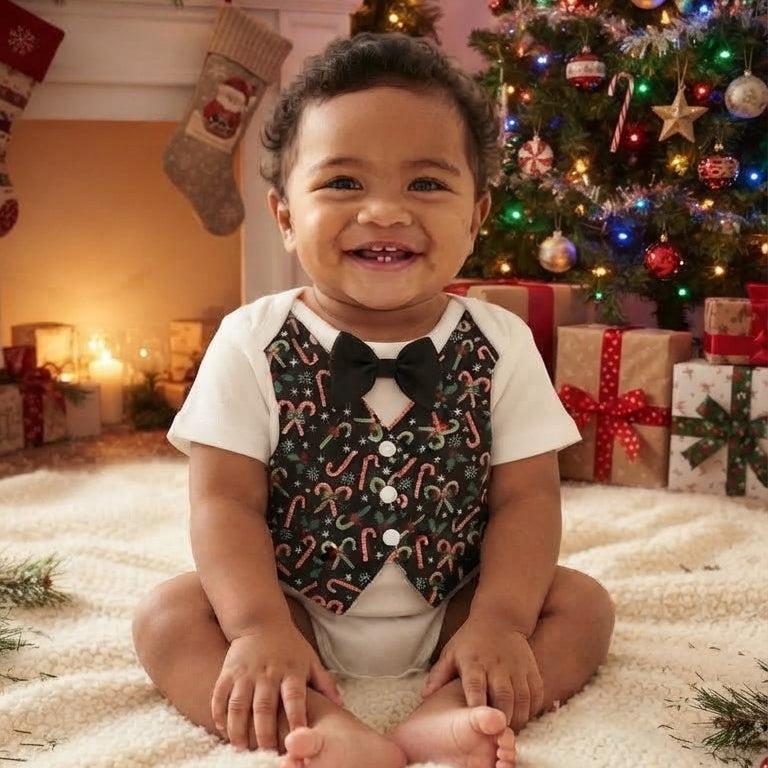 Holiday Baby Boy One Piece Romper with Faux Vest In Charming Christmas Prints And Bow Tie