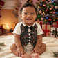 Holiday Baby Boy One Piece Romper with Faux Vest In Charming Christmas Prints And Bow Tie
