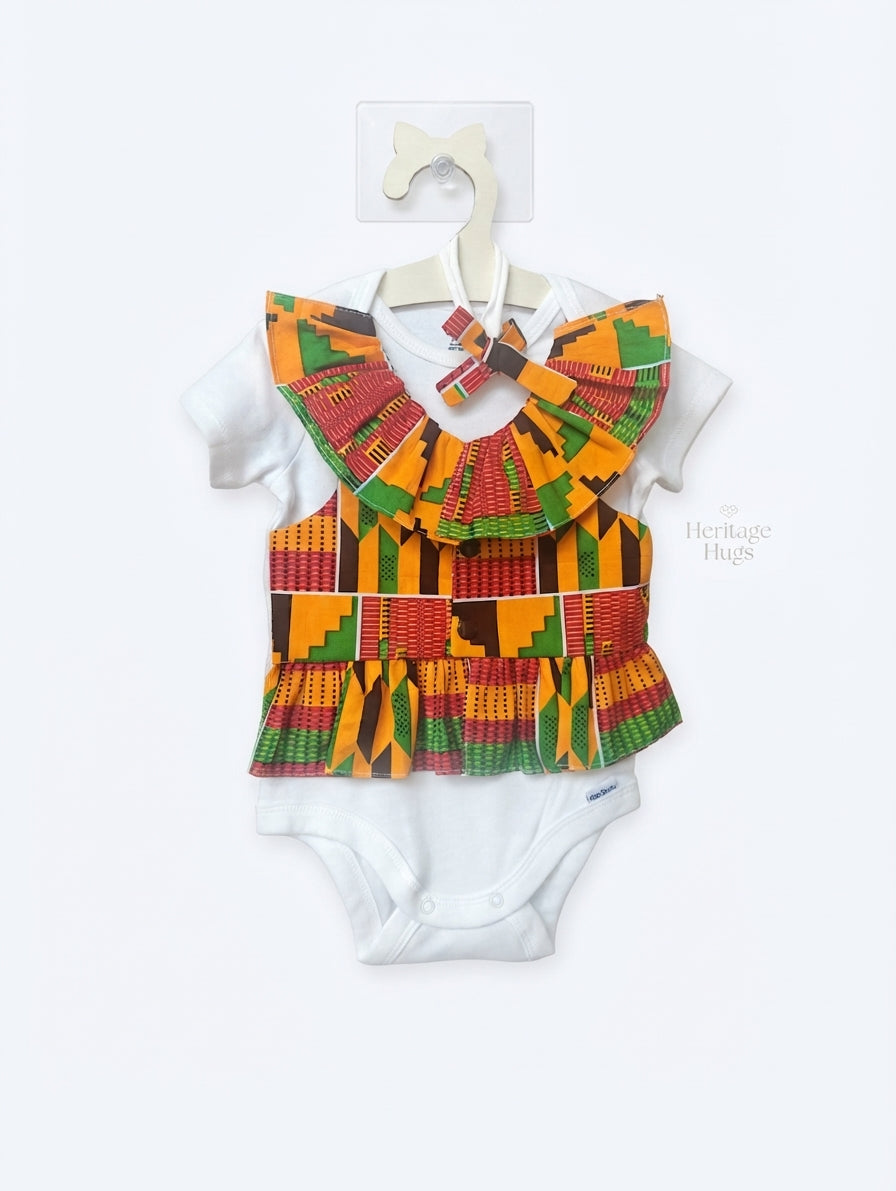 African Kente Print Baby Boy Onesie Vest And Bow Tie Baby Girl Ruffle Vest And Hair Band - Ankara Infant Outfit For Special Occasions