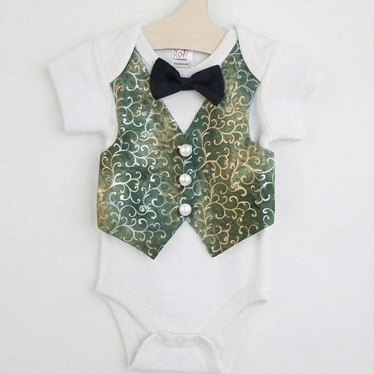 Holiday Baby Boy One Piece Romper with Faux Vest In Charming Christmas Prints And Bow Tie