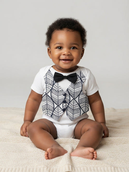 Black And White Shield Print Baby Boy Onesie with Vest and Bow Tie - Infant Gentleman Outfit For Special Occasions