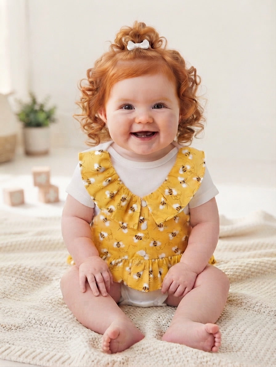 Handmade Playful Daisies And Bumble Bee Print Baby Girl Onsies With Vest For Special Occasions, The Perfect Baby Girl Coming Home Outfit, Flower Baby, Or Baby Shower Gift.