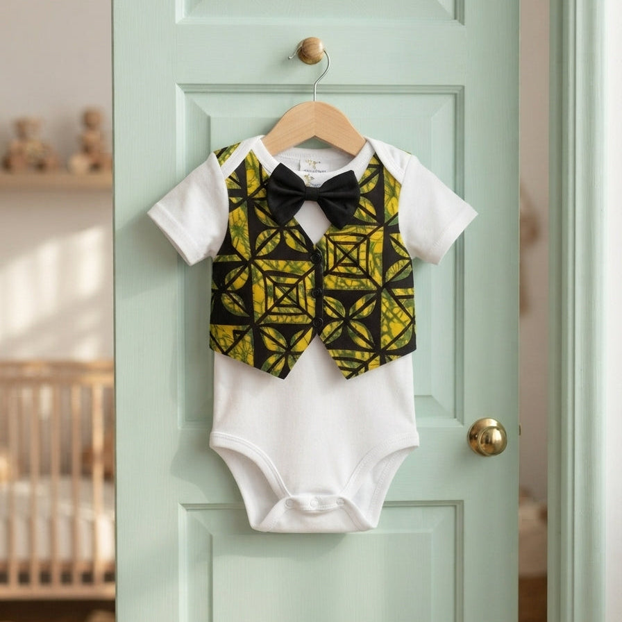 Baby Boy's Black Vines Onsie Faux Vest & Black Bow Tie. A Dapper Baby Outfit For Every Occasion.