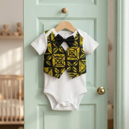 Baby Boy's Black Vines Onsie Faux Vest & Black Bow Tie. A Dapper Baby Outfit For Every Occasion.
