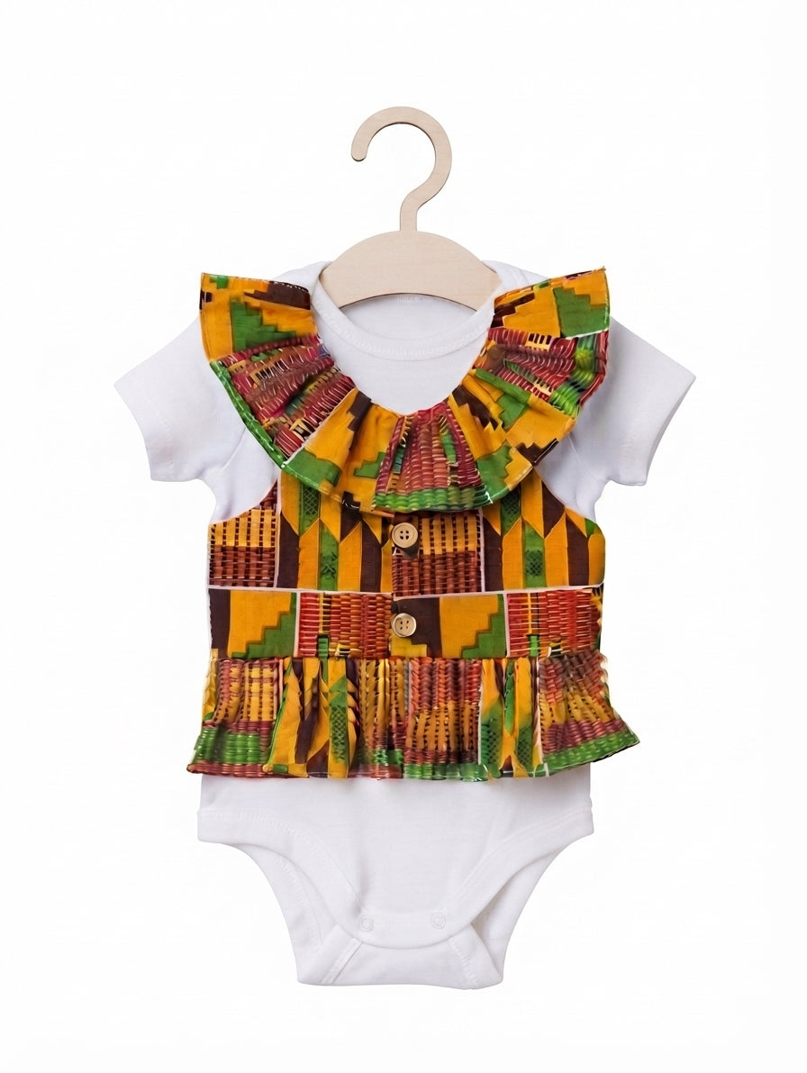African Kente Print Baby Boy Onesie Vest And Bow Tie Baby Girl Ruffle Vest And Hair Band - Ankara Infant Outfit For Special Occasions