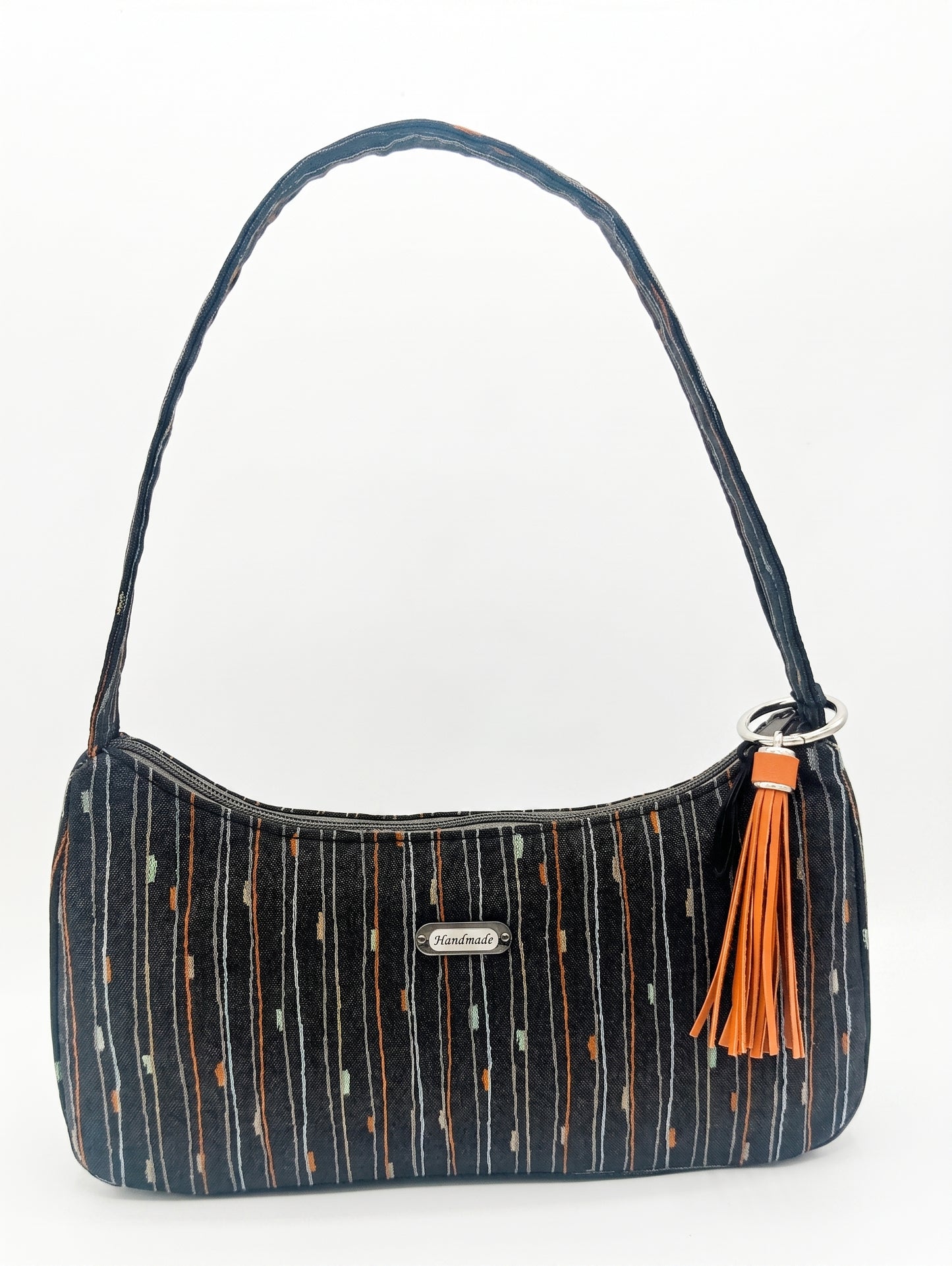 Black Handmade Boutique Style Baguette Upcycled Handbag Graphite Purse Is A One Of A Kind Single Compartment Colorful Fabric Shoulder Bag
