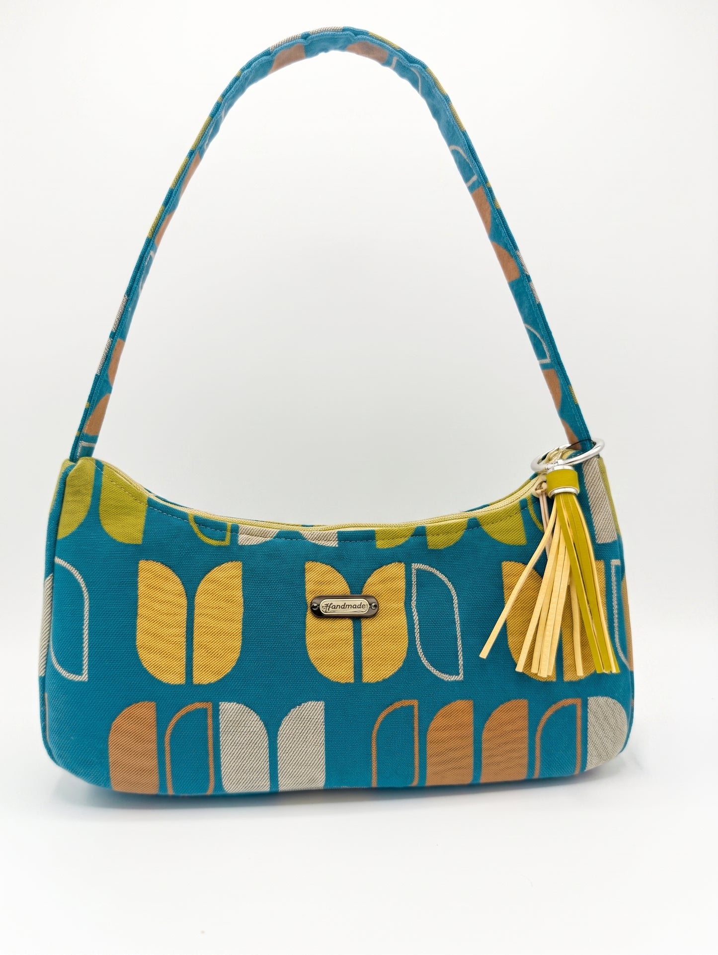 Blue Retro Handmade Boutique Style Baguette Upcycled Handbag Turquoise Purse Is A One Of A Kind Single Compartment Colorful Fabric Shoulder Bag